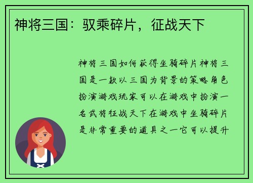 神将三国：驭乘碎片，征战天下